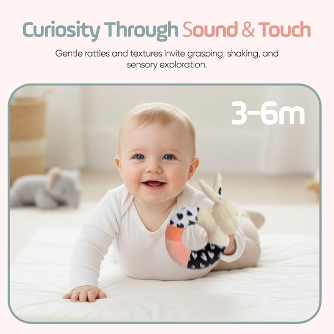 Bella Bunny Sensory Rattle Set – High Contrast Baby Toys for Newborns (0–6 Months), Soft Plush Bunny Rattle & Squeaker Gift Set for Tummy Time, Montessori & Soft Play Development