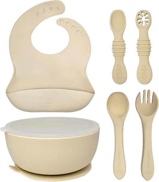HippoBaby 6 Piece Baby Bowls With Suction and Lids | Toddler Bowl Set with 1 Bowl, 1 Bib, 2 Baby Spoons, 1 Large Spoon, 1 Large Fork, Baby Feeding Essentials (1, Cream)