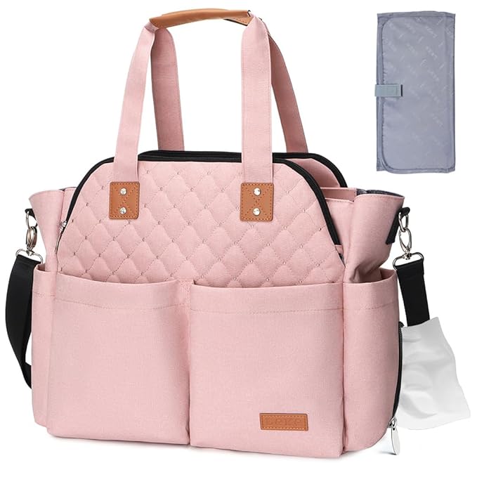 Lekebaby Diaper Bag Tote for Baby - 17 Pockets Large Travel Diaper Tote with Portable Changing Pad, Mom Crossbody Hospital Bag for Labor Delivery, Waterproof, Baby Essentials for Newborn Gifts, Pink