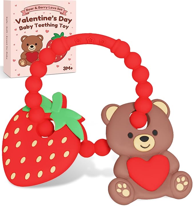 Valentine’s Baby Teething Toys, Teddy Bear & Strawberry Silicone Teether for 3–12 Months, Textured Sensory Chewing Ring for Infants & Toddlers, Baby’s First Valentine’s Day Gift for Boys and Girls