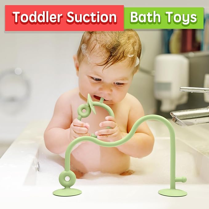 Baby Sensory High Chair Suction Toys for Infant Toddlers 12 18 Months, Food Grade Silicone String with Oak Loop Montessori Educational Parent-Child Baby Bath Toy Gift for Birthday Christmas(Green)