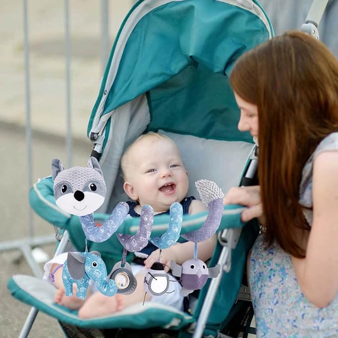 Car Seat Toys, Baby Toy 3-6 Months Carseat Stroller Toys Infant Spiral Activity Toy 0-3 Month, Hanging Car Toys for Babies 0-6 Months Newborn Boys Girls with Music Rattle Squeaker - Gray Fox