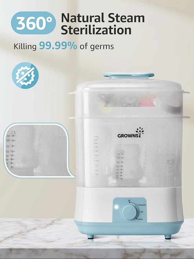 Grownsy Adjustable 4 in 1 Large Bottle Sterilizer and Dryer, 8 Bottles Capacity,Electric Steam Baby Bottle Sterilizer, Sanitizer for Baby Bottles & Pacifiers, Breast Pump Parts Blue