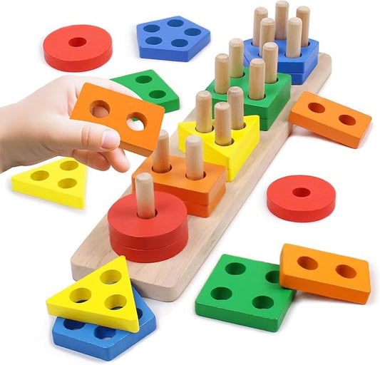 Montessori Toys for 1 2 3 Year Old - Wooden Baby Stacking Toys Sensory Educational Shape Sorter Color Sorting Toy for Toddlers 1-3, Preschool Learning Birthday Gifts for Baby Girls Boys Kids