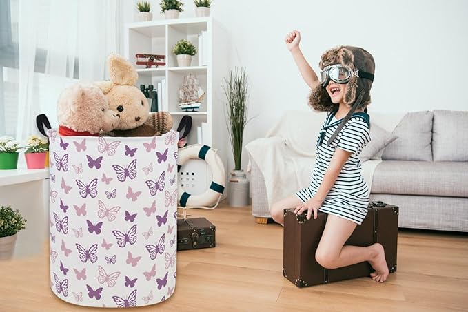 ESSME Butterfly Laundry Basket,Kids Hamper Collapsible Canvas Waterproof Storage Bin for Girls, Nursery Hamper,Gift Baskets,toy bins(Purple Butterfly)
