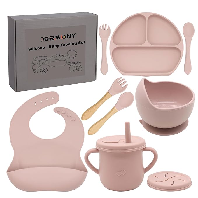 Dormlony 100% Silicone Baby Feeding Set,BPA Free Baby Dishes Set with Suction Bowl Divided Plate,Toddler Self Feeding Dish Set with Spoons Forks Sippy Cup and Bib, Baby Eating Utensils (Pink)