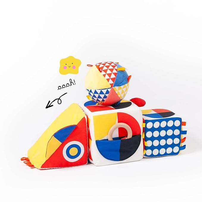 The Baby Bauhaus Set, Jumbo Soft Baby Blocks with Rattle Ball and Mirror from Follies, 0 to 18 Months, Newborn Gift, Award Winning Montessori Developmental Sensory Toys