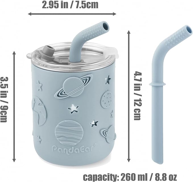 PandaEar 6-in-1 Stainless Steel Baby Feeding Set | Divided Suction Plate, Bowl, Sippy Cup with Straw, Bib, Spoon & Fork | BPA-Free Toddler Feeding Essentials for Self-Feeding (Blue)