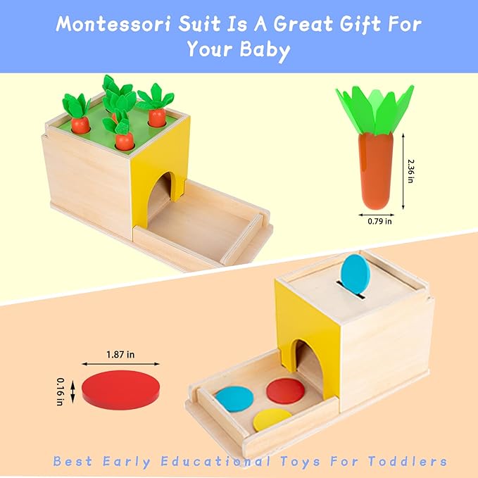 Montessori Toddler Play Kit Montessori Box Toys for 1 Year Old 2 Years Baby Learning Toys Gift Carrot Harvest Game, Matchstick Color Drop Game and Coin Box (5-for-1)