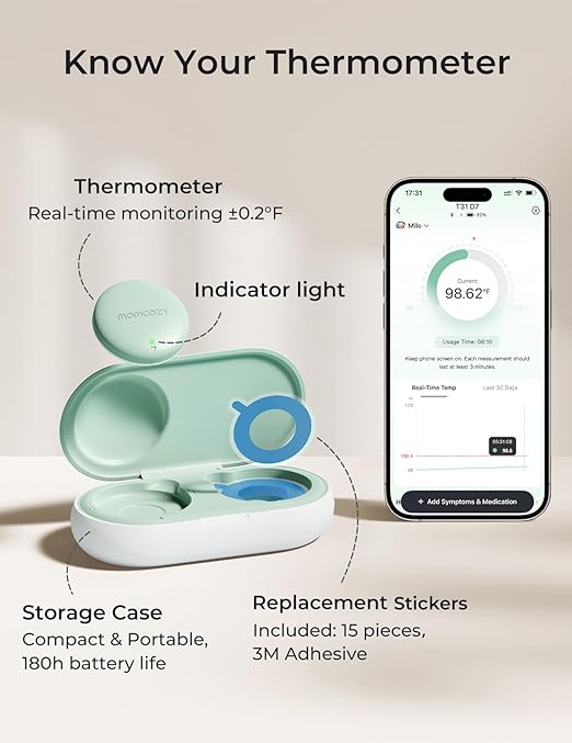 Momcozy Wearable Digital Thermometer for Baby, Medical-Grade Accurate Smart Thermometer, Instant Reads, APP Real-time Monitoring for Infants & Kids, Hypoallergenic 3M Stiker,Bluetooth, 180H Lasting
