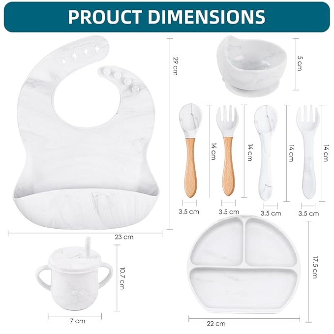 Dormlony 9pc BPA Free Silicone Baby Feeding Set - White: Suction Bowl, Divided Plate, Sippy Cup, Bib, Spoons, Forks - Baby Eating Utensils