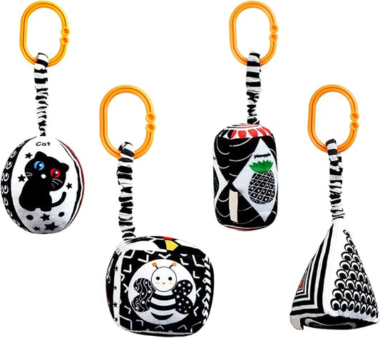 KAKIBLIN Baby Hanging Rattle Toys, 4 Pack Black and White Car Seat Baby Toys Soft Squeaky Stroller Toy for Babies Montessori Sensory Toy 0-12 Months for Newborn Infant, White and Black