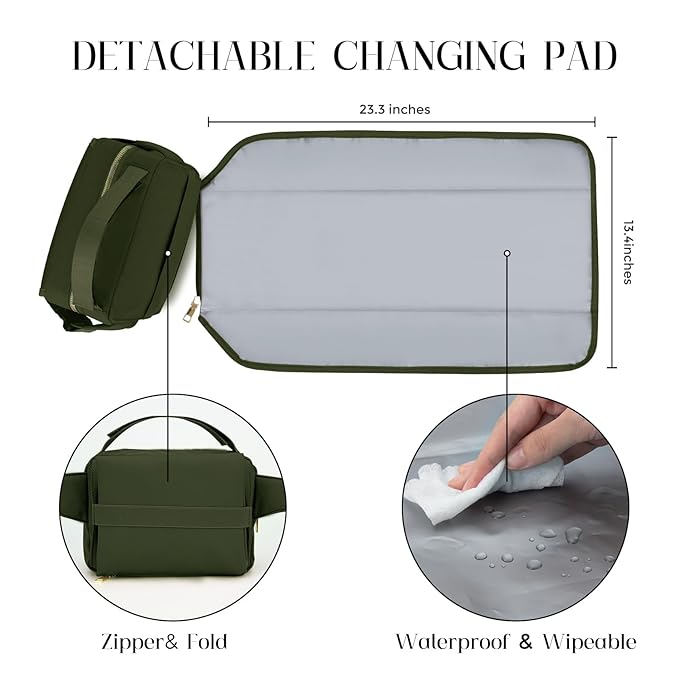 printe Small Diaper Bag with Portable Changing Pad, Crossbody Diaper Pack with Wipes Pocket, Women Waist Bag for Travel (Olive Green, Large)