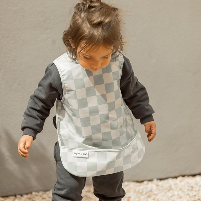 Tiny Twinkle Mess Proof Baby Bib for Boys | Waterproof Toddler Bib for Eating | Baby Apron for Feeding, Machine Washable | Perfect Shower Gift (Green Checkers, 6–24M)