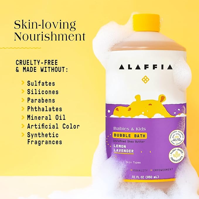 Alaffia Babies & Kids Bubble Bath, Lemon Lavender, Pump Included – Gentle Cleanser with Raw Shea Butter and Lemon Balm, 32 Fl Oz