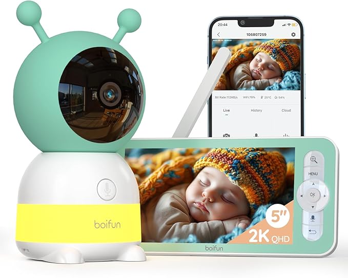 BOIFUN 2K WiFi Baby Monitor with Camera and Audio, Soothing Night Light, APP & 5" Split-Screen Control, Motion/Cries/Noise/Customizable Alarm Zones Detect, Auto Tracking, Humidity&Temperature Detect