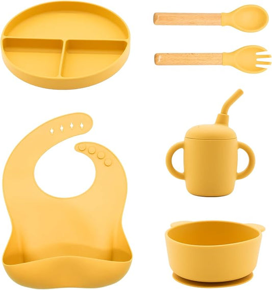 CHCC Silicone Baby Feeding Set 6 Pcs, Baby Led Weaning Supplies, Baby Feeding Supplies Set BPA Free, Baby Essentials for Newborn Gift Yellow