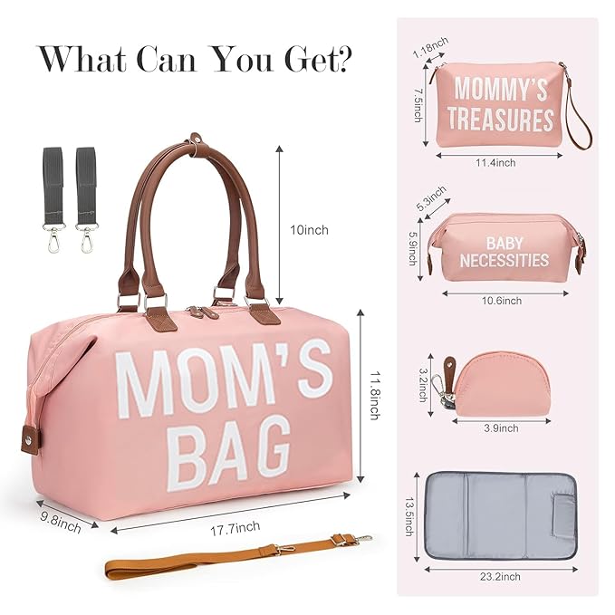 printe Large Diaper Bag Tote with Changing Pad, 2 Organized Pouches, Mom's Bag for Hospital with Pacifier Case, Straps, Stroller Hook, Hospital Weekender Travel Pink Baby Diaper Tote Bag