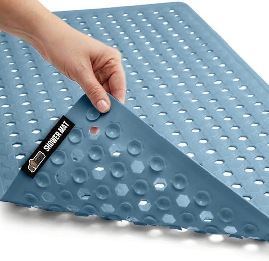 GORILLA GRIP Patented Bath Tub Shower Mat, Machine Washable Bathtub Floor Liner Mats, Suction Cups and Drain Holes to Keep Tubs Clean, Soft on Feet, Bathroom Essentials, 35x16 Inch, Sky Blue Opaque