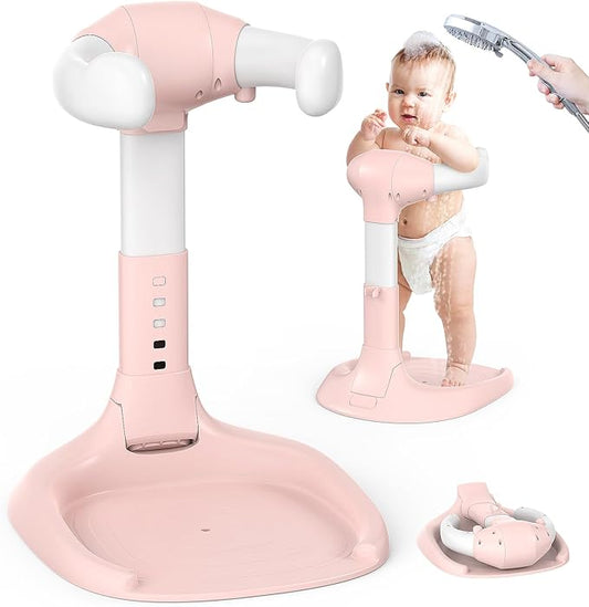 Foldable Baby Shower Standing Support with Anti-Slip Base and Shower Holder, Adjustable Baby Bath Stand, No Assembly/Installation Toddler Stand Up Shower Support for Home/Travel Bath Time, Pink