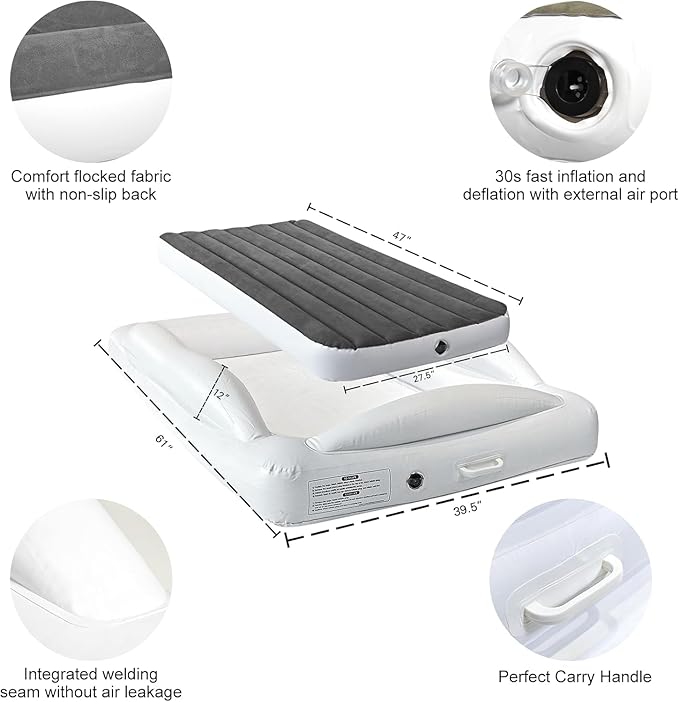 Inflatable Toddler Travel Bed - 61 Inches With Pillow Portable Toddler Bed for Travel with Safety Sides - Cozy Kids Air Mattress Set with Built-in Electric Pump & Carry Case- Easy to Inflate - Grey