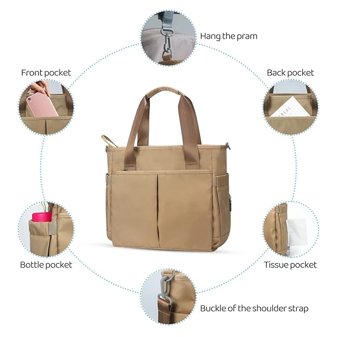 Diaper Bag Tote Satchel Waterproof Messenger Baby Diaper Bags for Mom and Dad Multifunction Medium Travel Tote Bags (Khaki)