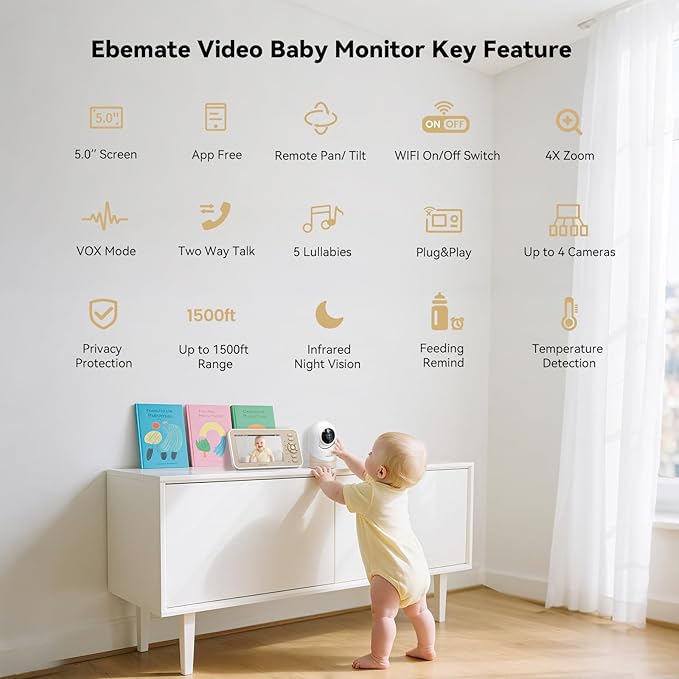 ebemate Video Baby Monitor Camera with 5" LCD Screen Video & Audio No Glow Night Vision,2-Way Talk Audio Cam Baby Monitoring 1500FT Range EBE50P