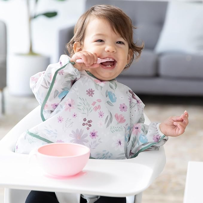 Bumkins - Sleeved Bib - For Boys & Girls, Babies & Toddlers 6-24 Months - Lightweight, Durable, Waterproof - Long Sleeve Bib - Catch-All Pocket - Wipeable & Machine Washable - Floral & Lace - 2 Pack