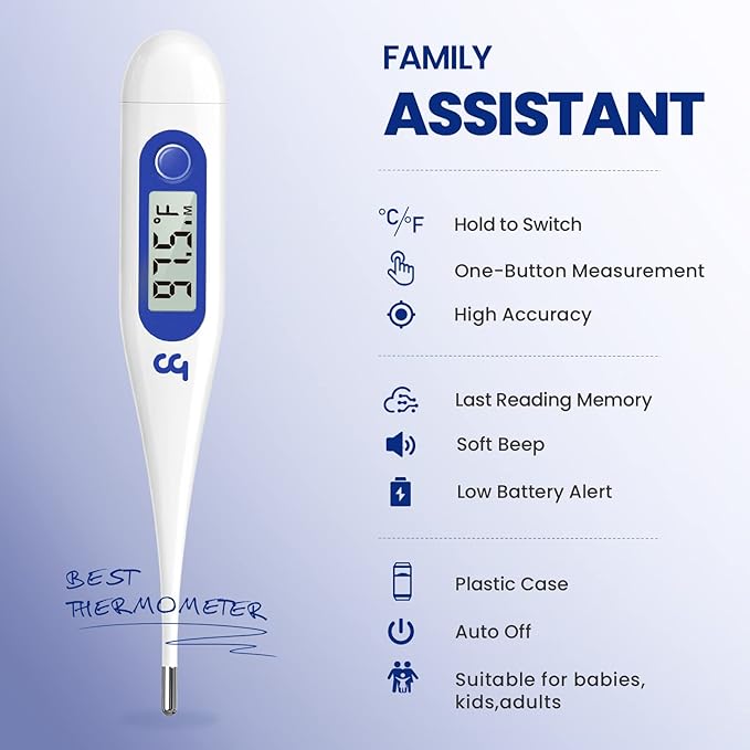 Femometer Thermometer for Adults and Kids, Digital Thermometer with Fever Alert, Memory Recall, C/F Switchable, for Oral, Rectal or Under Arm Use, Klein Blue