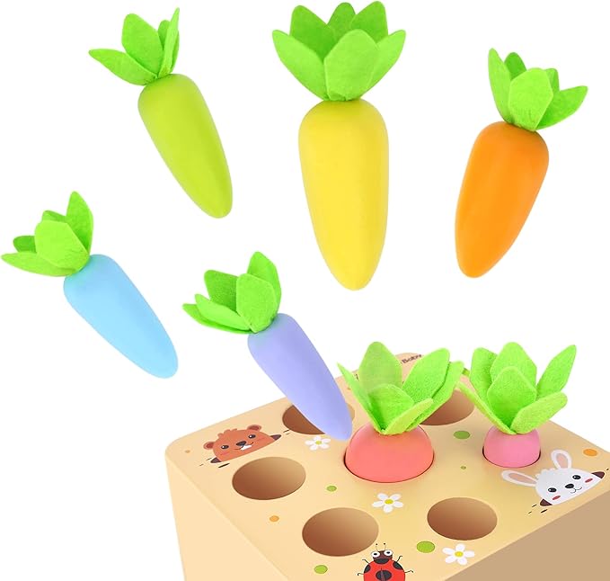 KMTJT Montessori Toys for 2 3 Year Old Toddlers, Macron Carrot Harvest Game Wooden Toys for Baby Boys and Girls, Educational Learning Shape Sorting Matching Gifts for Babies