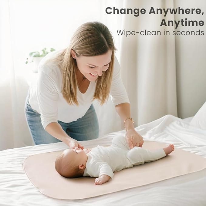 Konssy Faux Leather Baby Changing Mat, Waterproof, Wipeable & Portable Diaper Changing Pad for Travel or Home, Fits Perfectly in Diaper Bag, 30 x 17 inches (Fog Green,Beige)