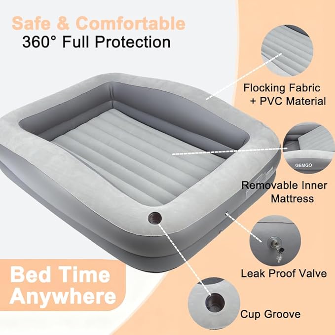 GEMGO Inflatable Toddler Travel Bed Portable 67" Toddler Bed for Kids with 4 Safety Sides - Lightweight Kids Air Mattress with High-Speed Pump & Carry Bag