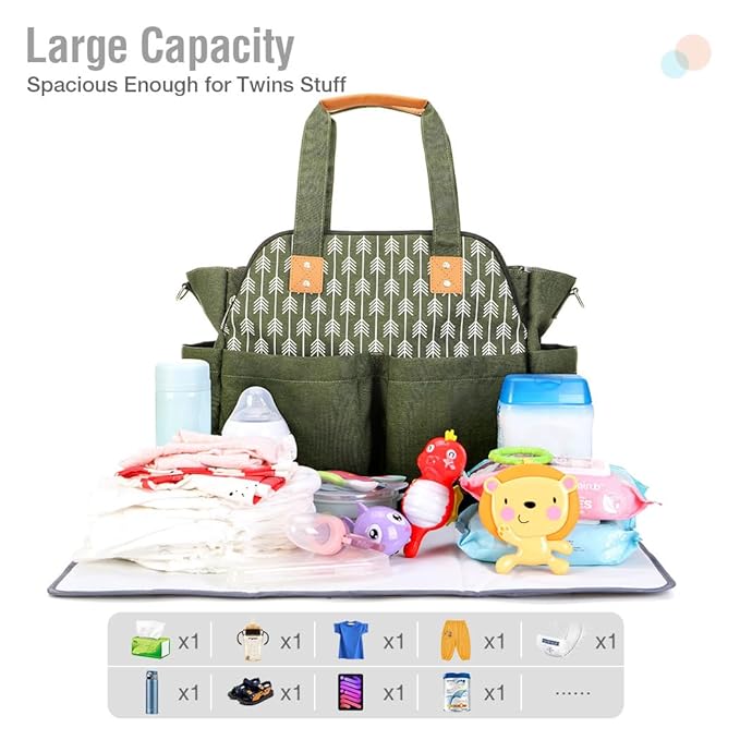 Lekebaby Diaper Bag Tote for Baby - 17 Pockets Large Travel Diaper Tote with Portable Changing Pad, Mom Crossbody Hospital Bag for Labor Delivery, Waterproof, Baby Essentials for Newborn Gifts, Green