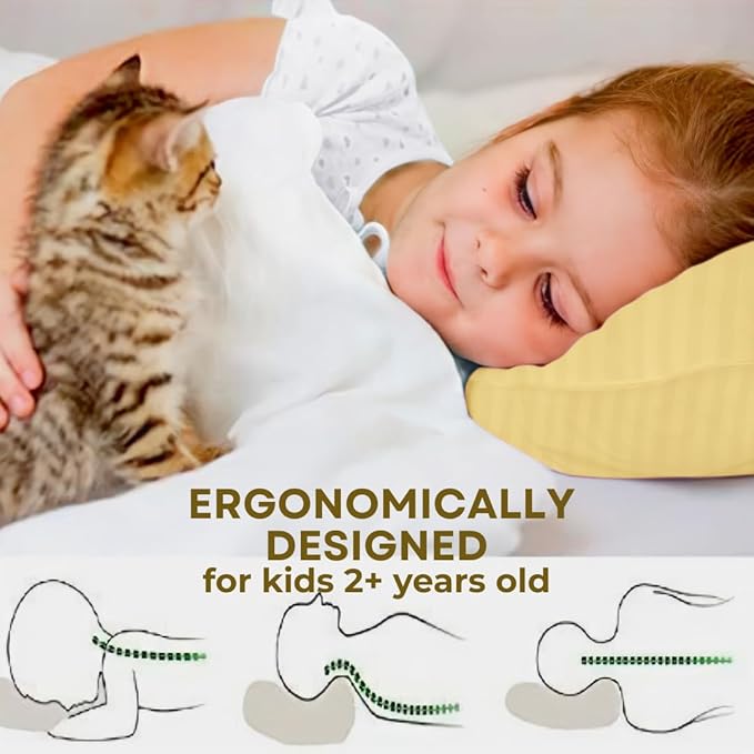 kinder Fluff Pre-Teen Pillows (2-Pack) 17x26in - Pillows for Kids Age 12+, 100% Cotton Sateen Stripes 300T, Down Alternative Fill, Machine Washable - Children & Travel Cushions - Yellow - XL