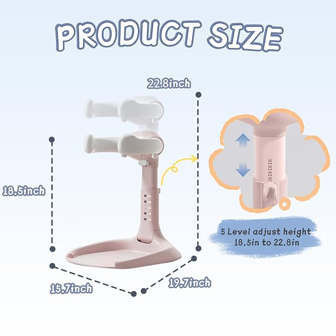 Foldable Baby Shower Stand, Toddler Bath Standing Support with Anti-Slip Base and Shower Holder, Adjustable 5 Levels Height, Ideal Gift for Infants 6-36 Months-Pink