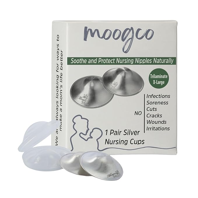 MOOGCO The Original Silver Nursing Cups - 999k Silver Nipple Cups - Nipple Shields for Breastfeeding Newborn – Protective Silver Nipple Covers for Nursing Moms (TriLaminate X-Large)
