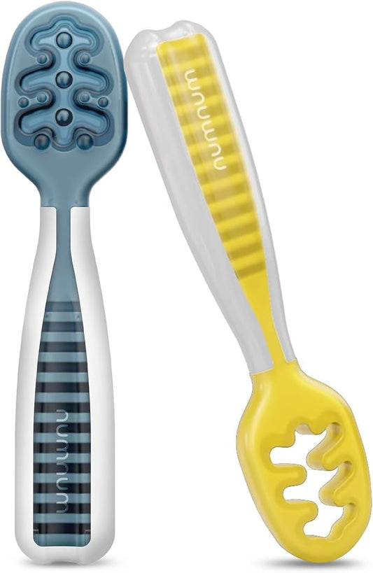 NumNum Baby Spoons Set, Baby Essentials Pre-Spoon GOOtensils for 6+ Months, First Stage Self-Feeding Spoons for Baby Led Weaning (BLW), Silicone Toddler Utensils, BPA-Free, 2 Pack Blue/Yellow