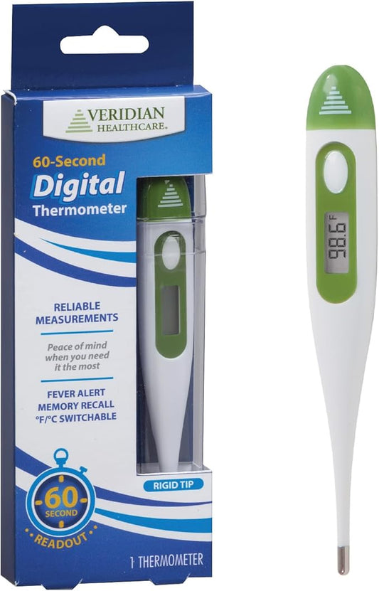 Veridian Digital Thermometer | 60-Second Readout | Fever Alert + Memory Recall| Clinical Rigid Tip | Hygienic Water-Resistant Easy Cleaning | Storage Case + Probe Covers Included