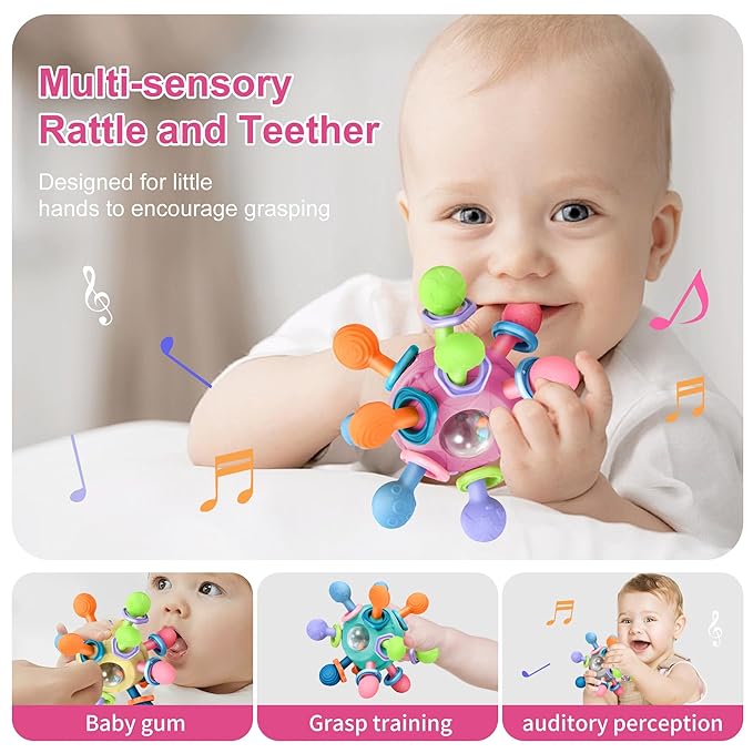 Baby Montessori Teething Toys for 0-6 6-12 Months Infant Teethers Sensory Toys for Babies 0 3 6 9 12 18 Months Newborn Learning Developmental Chew Rattle Toys Shower Gifts for 1 2 Year Old Girls Boys