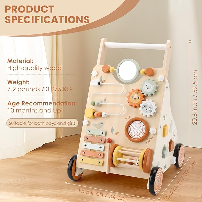Wooden Baby Walker, Baby Push Walker with Activity Center for Girls Boys, Montessori Push Walker Toys for Babies Learning to Walk, Sit-to-Stand, for 10-12 Months 1 2 3 Years Old