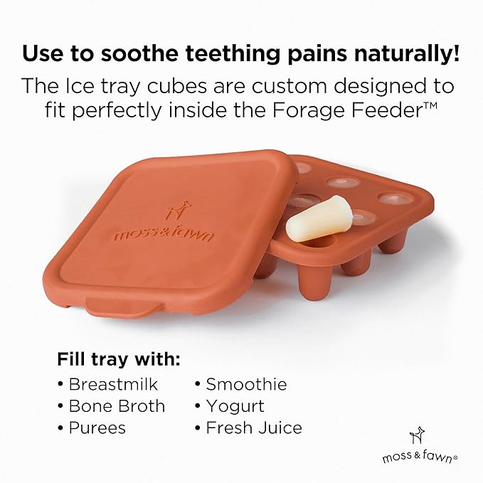 Moss and Fawn Baby's First Bites Bundle - Silicone Frozen Breast Milk Popsicle Kit with Forage Feeder & Teething Popsicle Ice Cube Tray - BPA, PVC, & Lead-Free - Terracotta