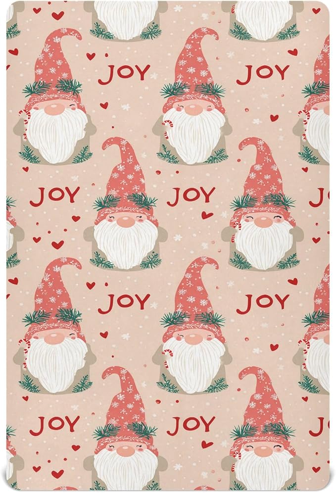 Pfrewn Christmas Crib Sheets for Boys Girls Gnome Cute Elf Heart Joy Fitted Crib Sheet for Mini Crib Mattress Stretch Soft Winter Pattern Toddler Baby Playard Sheet,39x27IN