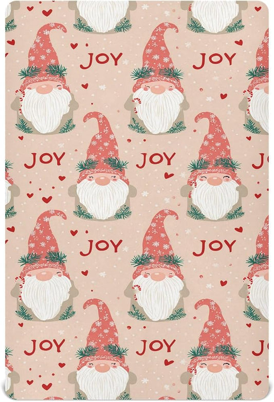 Pfrewn Christmas Crib Sheets for Boys Girls Gnome Cute Elf Heart Joy Fitted Crib Sheet for Mini Crib Mattress Stretch Soft Winter Pattern Toddler Baby Playard Sheet,39x27IN