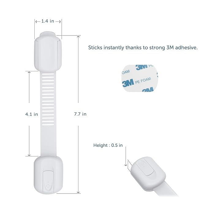 Child Safety Cabinet Locks (4 Pack) – Adjustable Baby Proofing Strap Latches with Strong 3M Adhesive – No Drill Childproof Locks for Drawers, Cabinets, Fridge, Door, Closet, White