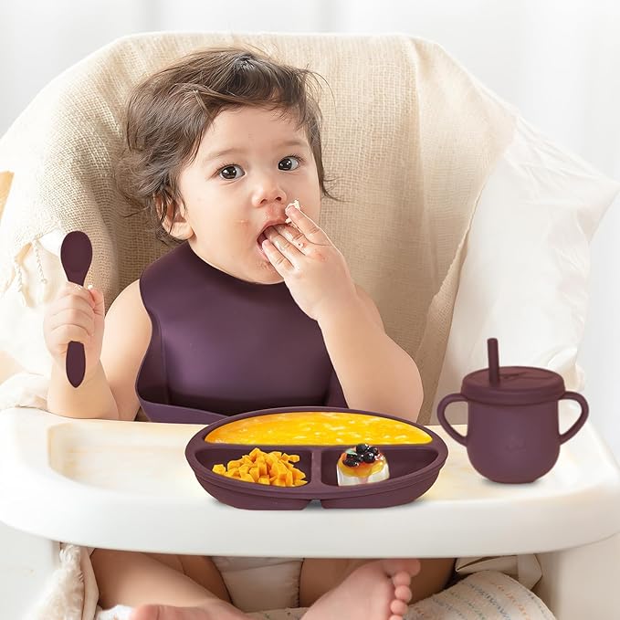 Dormlony 100% Silicone Baby Feeding Set, BPA Free Dishes With Suction Bowl, Divided Plate, Toddler Self Feeding Utensils, Spoons, Forks, Sippy Cup and Bib (Dark Red)