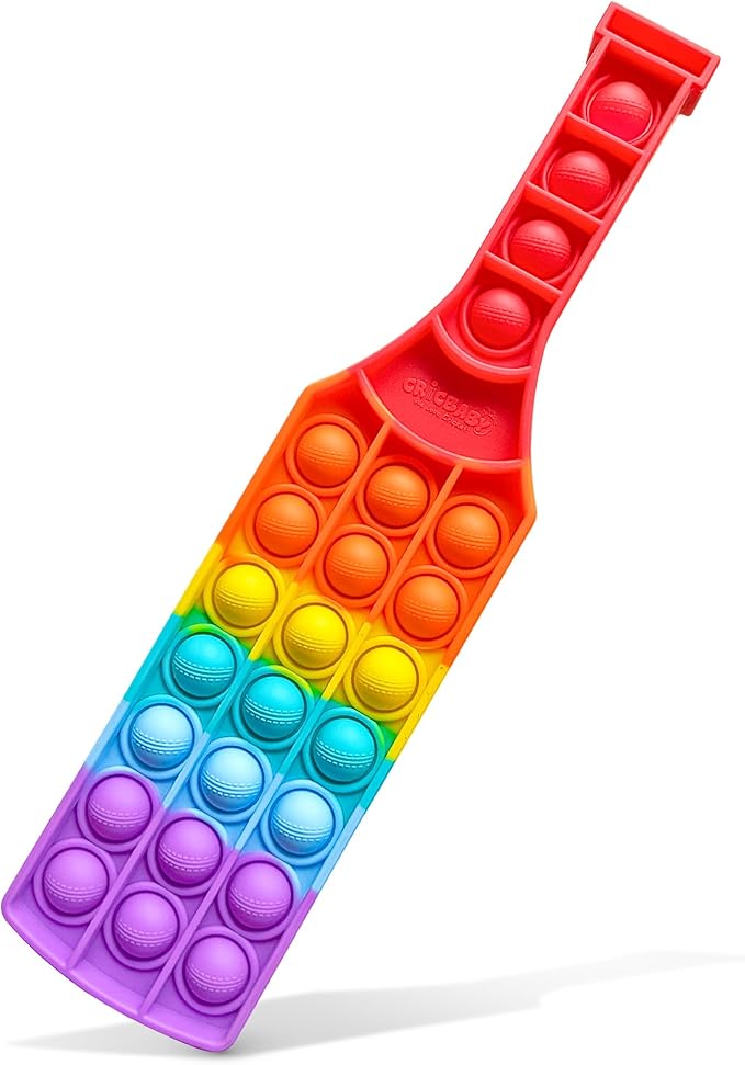 Cricket BAT Push Pop Bubble Fidget Toy – Build Focus | Stress Relief Sensory Toy | 0+ Baby Safe Silicone Fidget Bat with Cricket Ball Seam Texture | Pack of 1 Rainbow / Pack of 3 Colors