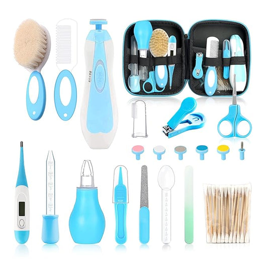 Baby Grooming Kit，Electric Safety Nail Trimmer Baby Nursery Kit，Infant Safety Care Set with Hair Brush Comb Nail Clipper Nasal Aspirator,Baby Essentials Kit for Newborn Girls Boys (21 PC-Blue Kit)