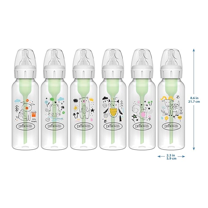 Dr. Brown's Natural Flow Anti-Colic Options+ Narrow Baby Bottle, Squirrel & Goat, 8 oz/250 mL, with Level 1 Slow Flow Nipple, BPA Free, 0m+, (Pack of 12)