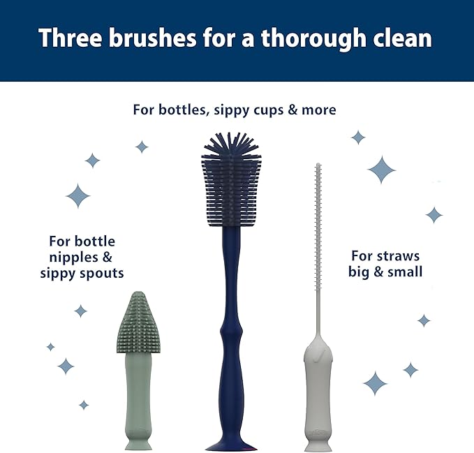 Dr. Brown's Silicone Cleaning Brush Set with Bottle, Spout, and Straw Brush, 3-Pack + Baby Bottle Sponge Brush, Blue, 3-Pack