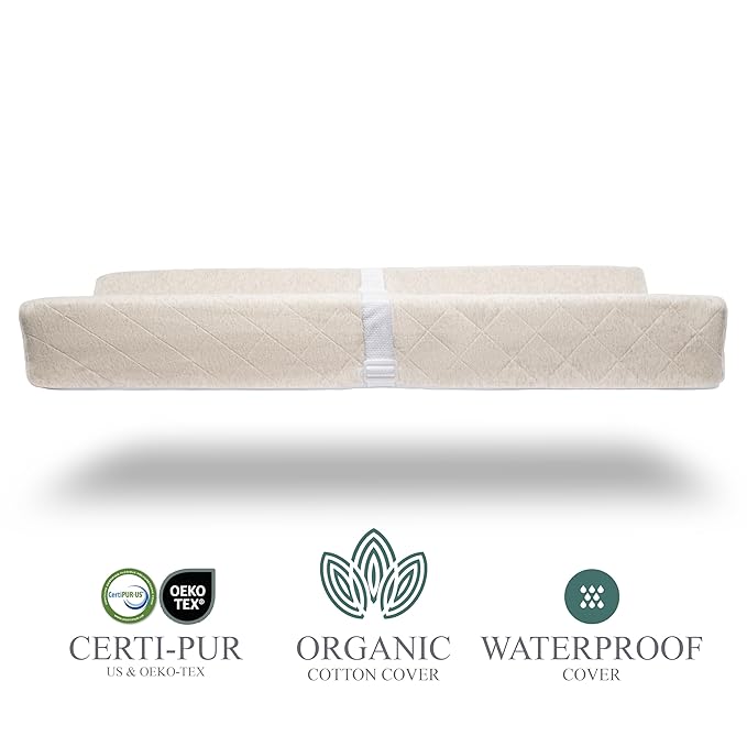 Organic Cotton Contoured Baby Changing Pad w/Waterproof Foam Mattress, Includes Soft, Removable & Washable Cover, Safety Strap, Non-Slip Bottom, Topper for Standard Size Infant Diaper Table & Dresser
